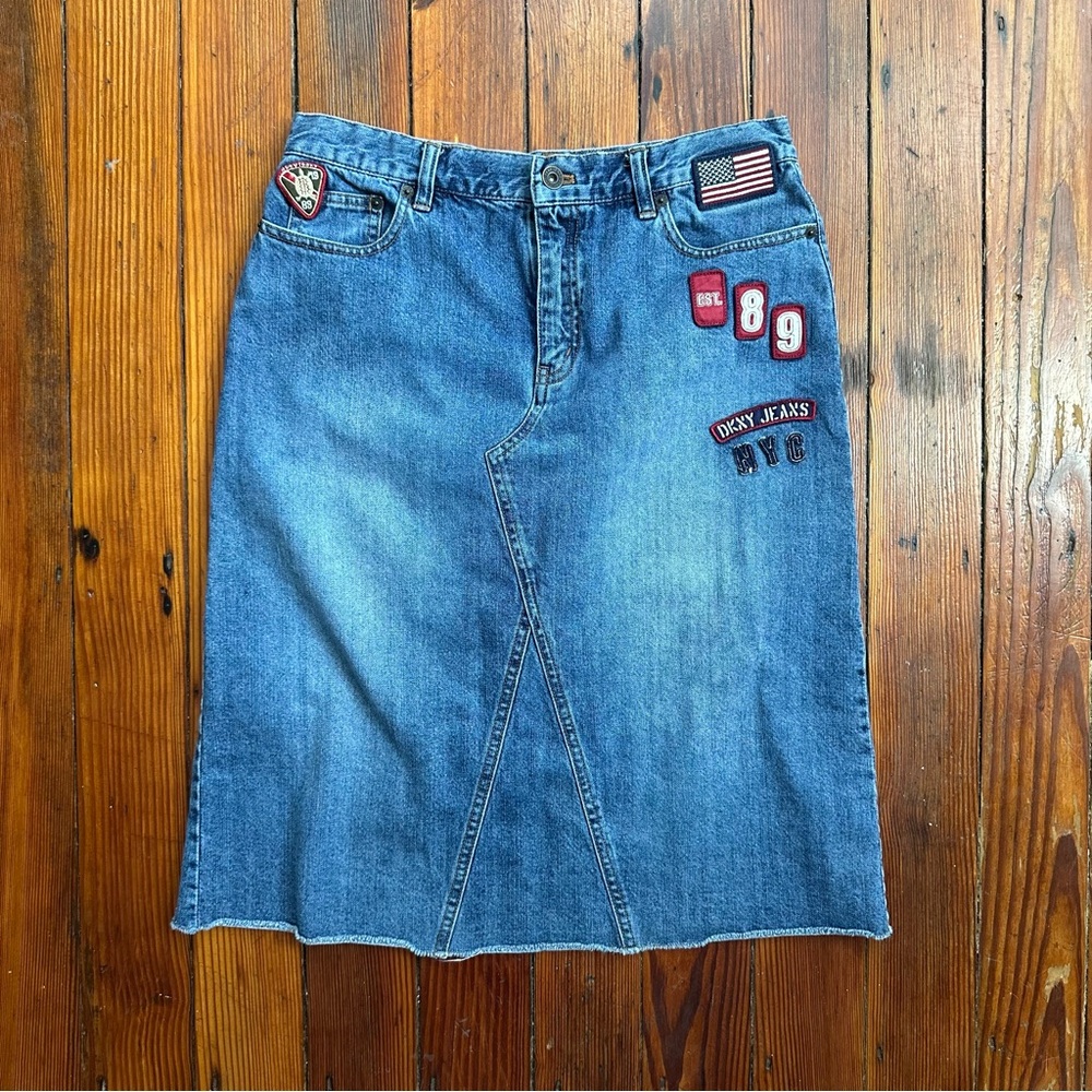 Vintage 2000s DKNY Jeans patched blue denim midi skirt